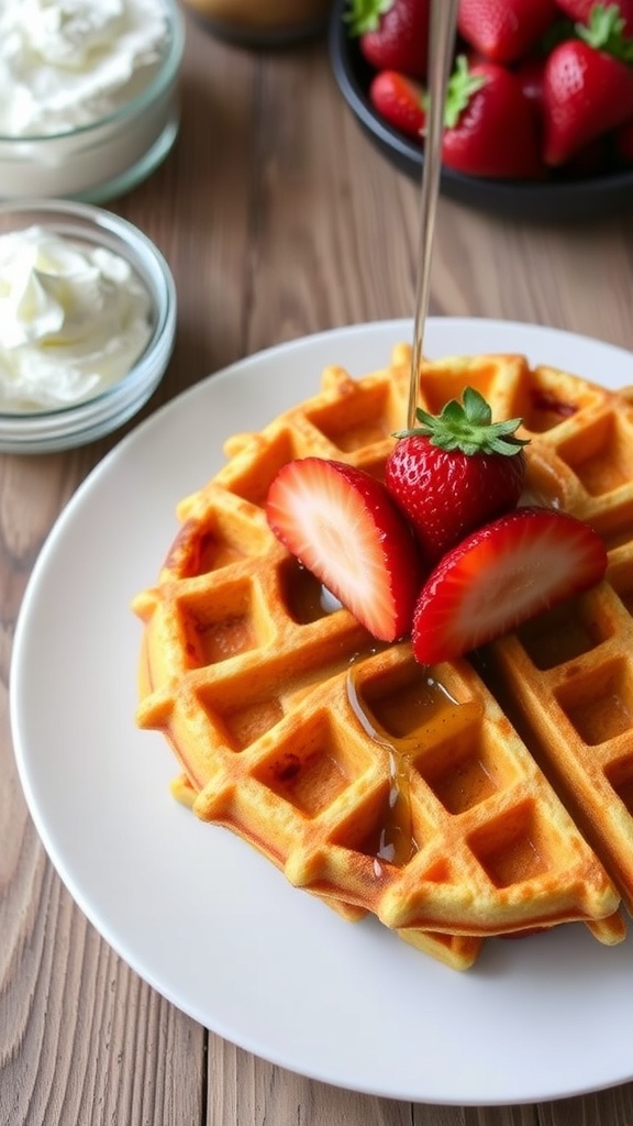 Crispy Waffle Recipe for Two Crispy waffle topped with strawberries and syrup on a white plate.